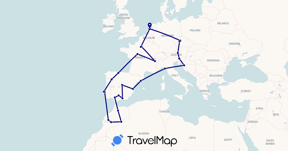 TravelMap itinerary: driving in Austria, Czech Republic, Spain, France, Croatia, Italy, Morocco, Netherlands, Portugal, Slovenia (Africa, Europe)